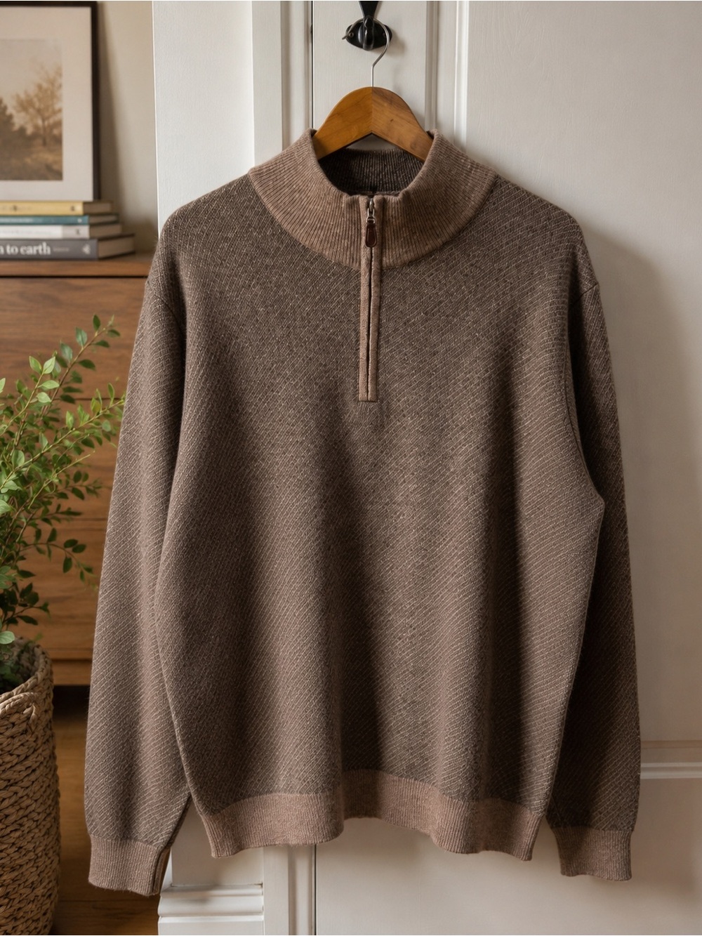Brookmore Cashmere 1/4 Zip Pullover Sweater Brown XL